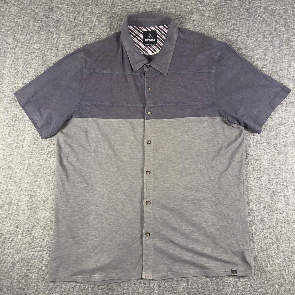 prAna Shirt Mens XL Gray Colorblock Short Sleeve Button Hiking Organic Cotton